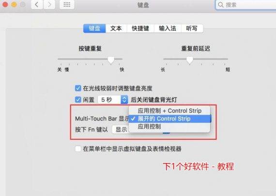 在第一个“Multi-Touch Bar 显示”中选择“展开的 Control Strip”。